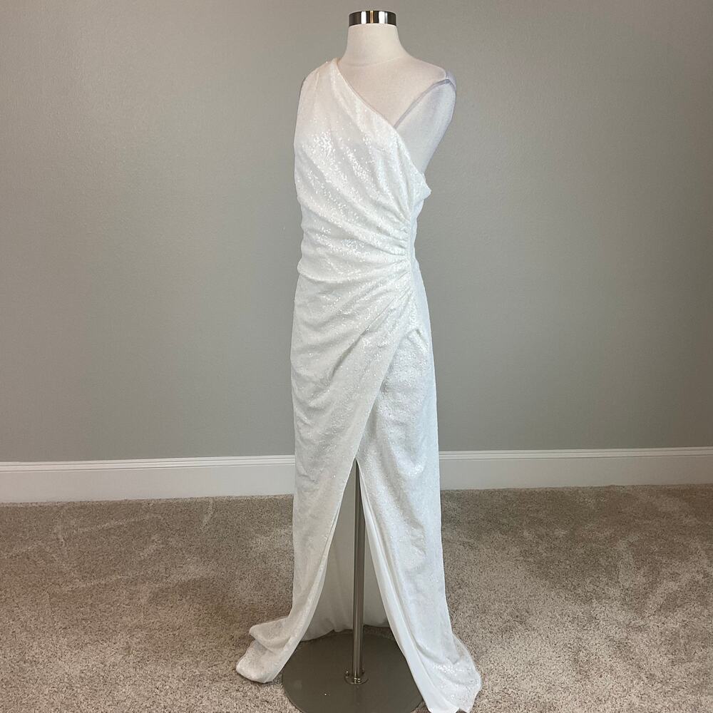 AQUA White Evening Gown Sequin One Shoulder Thigh Slit Long Formal Column Dress - Picture 7 of 12